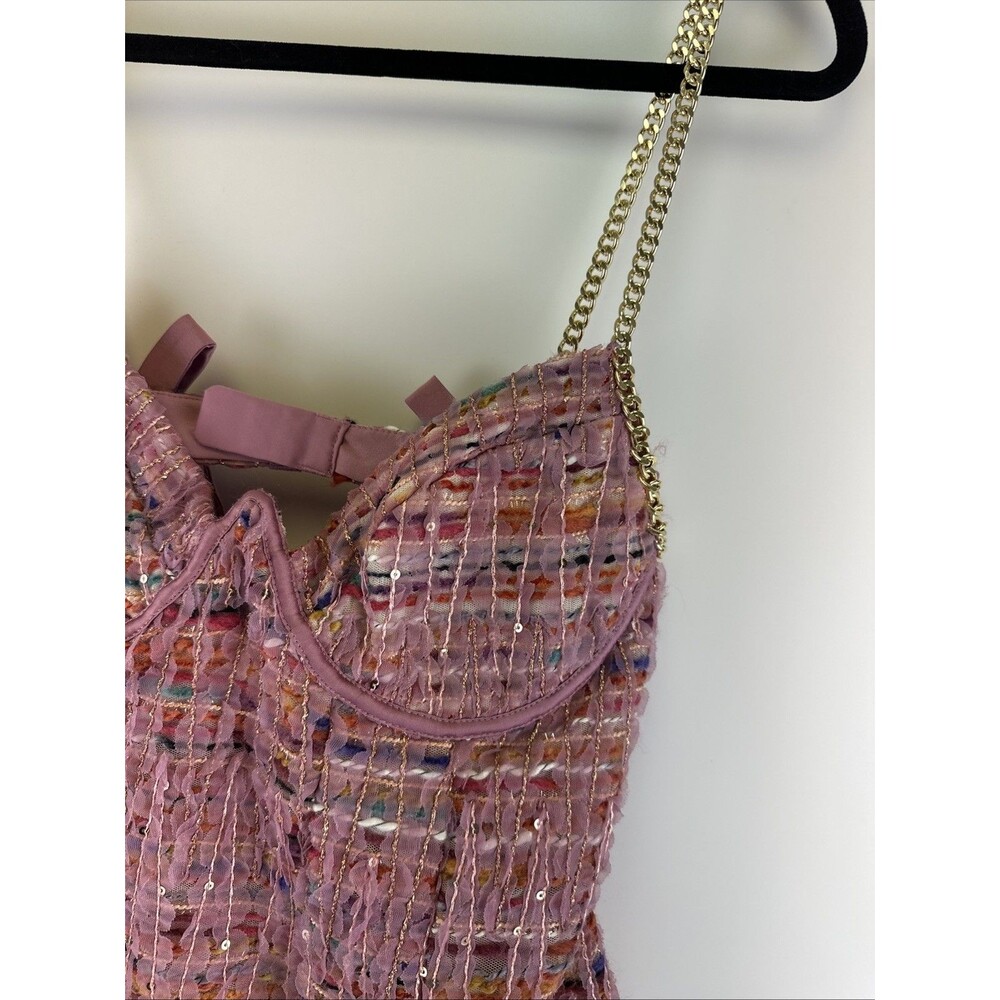 For Love & Lemons Celine Tweed Chain Mini Dress Pink Flare Party Summer Fun XL - Picture 4 of 16